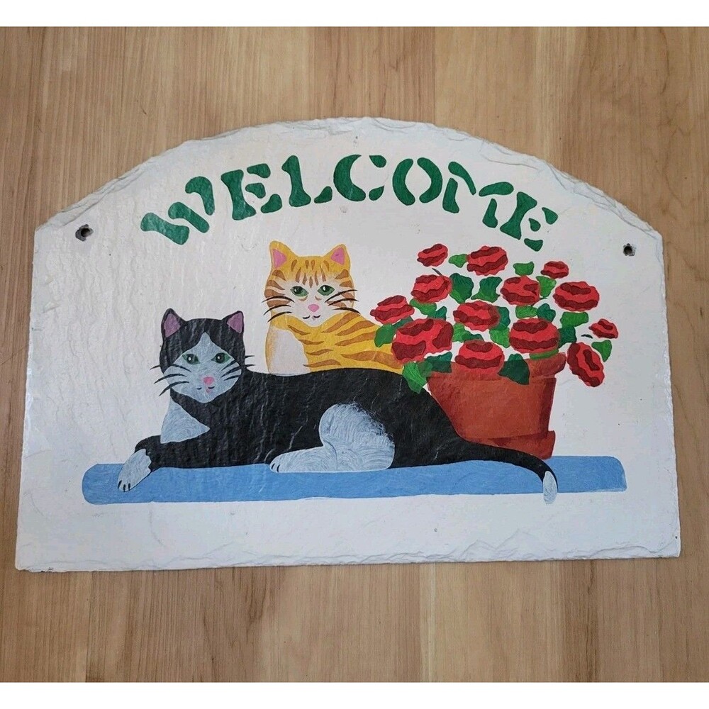 New England Roofing Slate Welcome Sign Hand Crafted Painted Cats Vintage 1970s